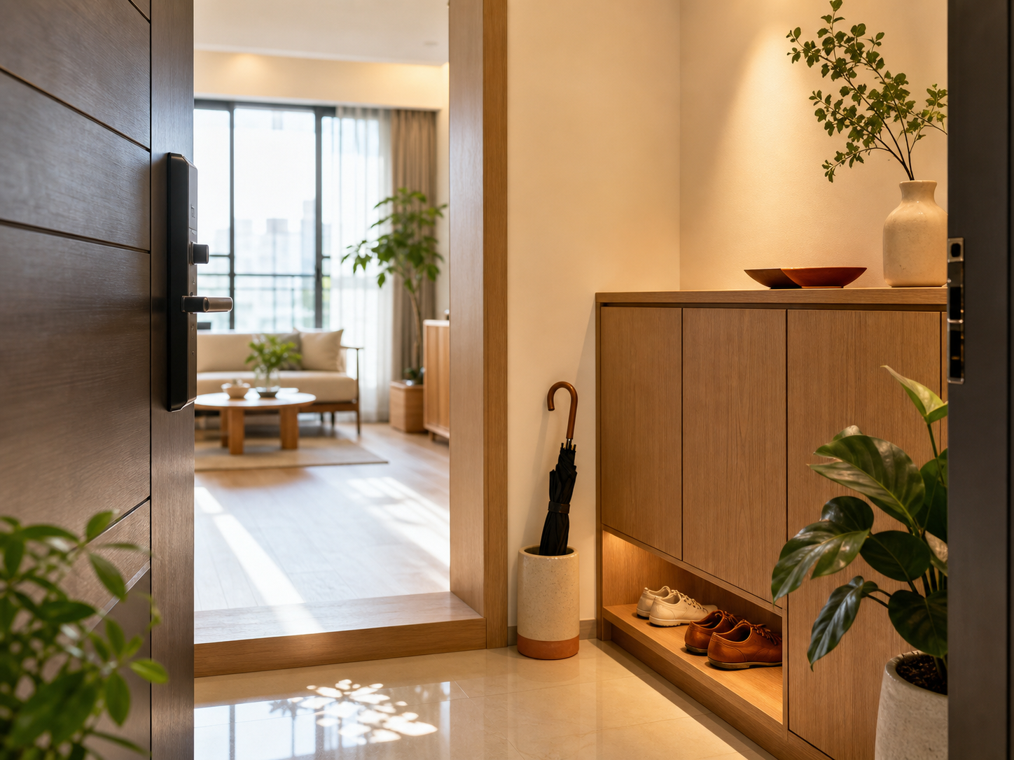 明亮入口、植栽與木質家具呈現被整理好的出租住宅